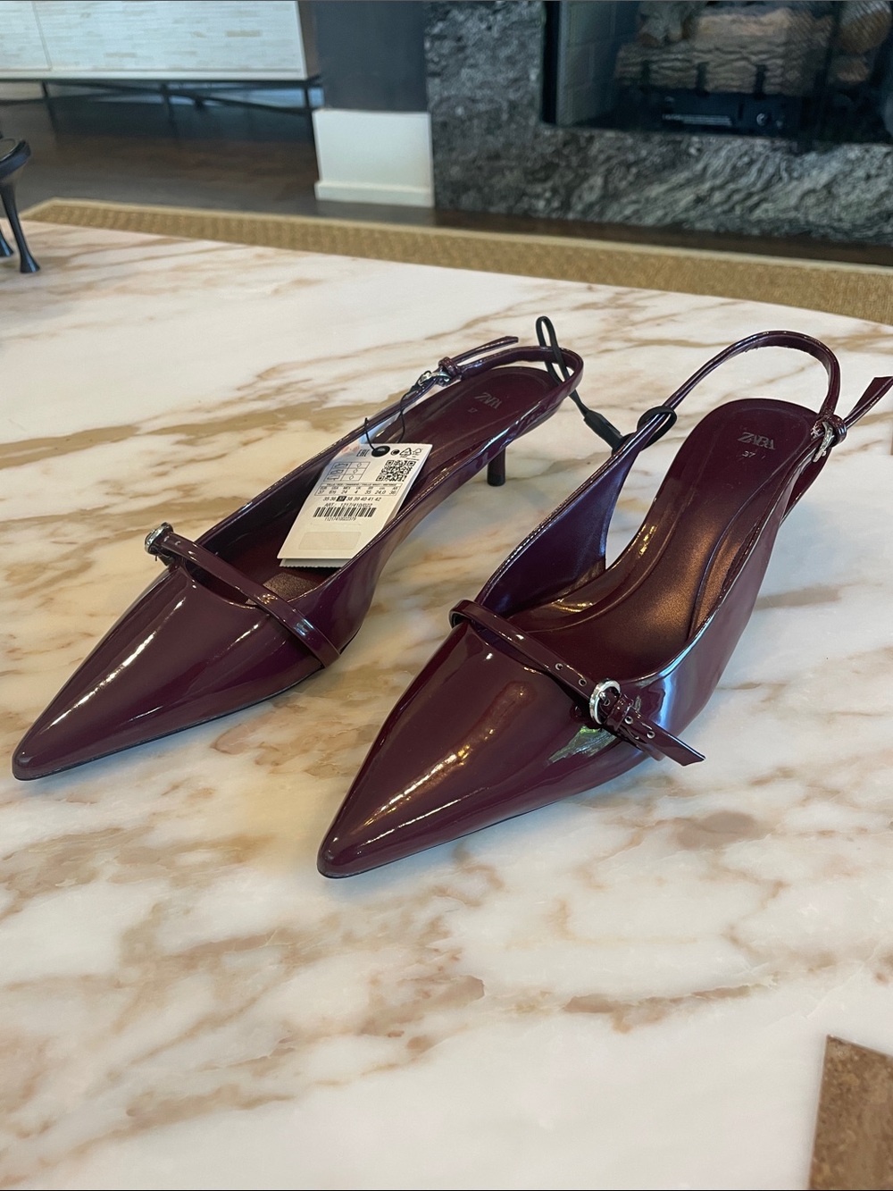 Zara Deep Burgundy Patent Slingback Pointed Heels - cult favorite